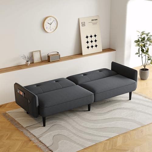 83" Adjustable Backrest Futon Couch Bed with Type-C Charging Port, Black Sofa Bed