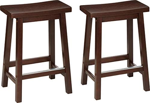 Amazon Basics 24" Walnut Finish Solid Wood Saddle-Seat Kitchen Barstool Set of 2