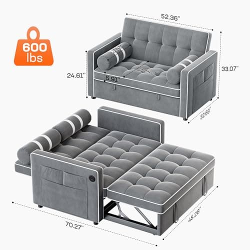 Amada 3-in-1 Convertible Sleeper Loveseat, Grey Velvet Couch with USB Ports