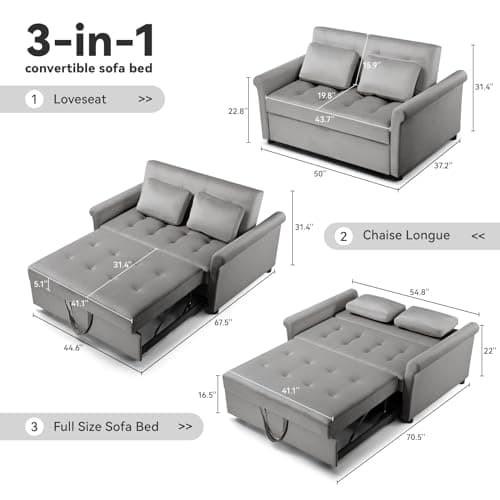COMHOMA 55" 3-in-1 Sleeper Sofa Bed with Adjustable Backrest (Grey)