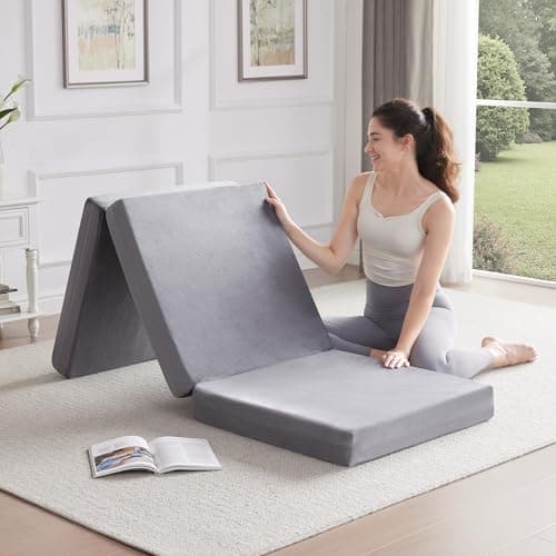Portable 4 Inch Foldable Mattress, Foam Topper, Breathable Velvet Cover, Grey, for Travel and Yoga