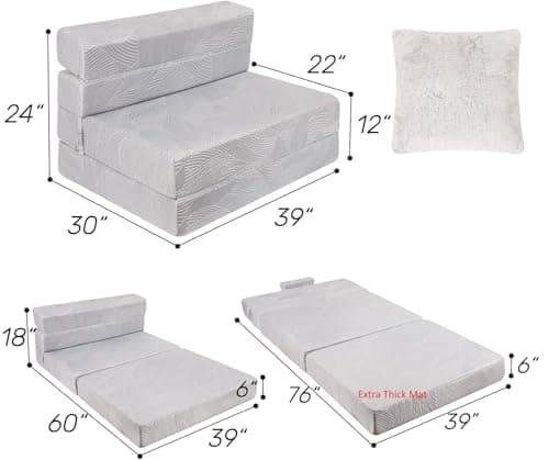 Grey High-Density Memory Foam Tri-Fold Sofa Mattress & Bed