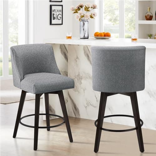 Set of 2 Swivel Counter Height Bar Stools With Back, Solid Wood Stand, Faux Leather Upholstery, Dark Grey