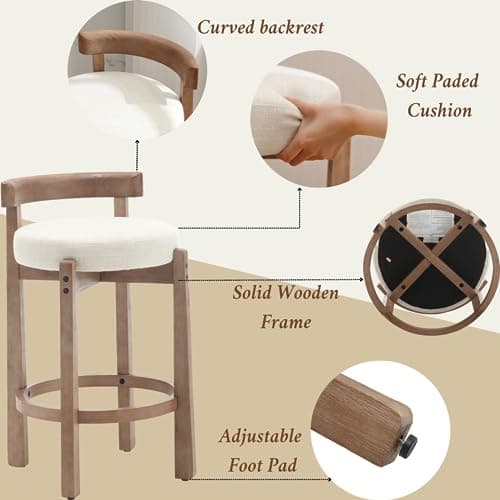 Mid-Century Linen Upholstered Bar Stools, Beige, Set of 2