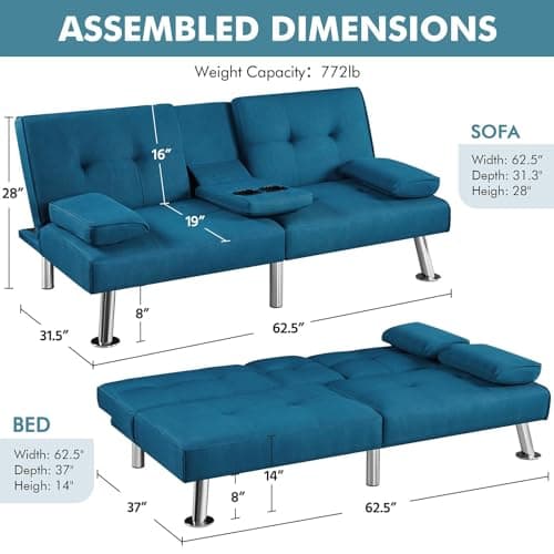 Yaheetech Convertible Sofa Bed Aqua Blue, 772lb Capacity, 3 Angles Recliner
