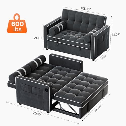Amada 3-in-1 Convertible Couch Bed, Futon Loveseat with USB & Side Pocket, Black