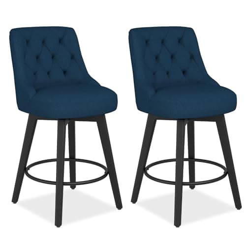 Thickened Upholstered Counter Stools Set of 2 with Swivel, Backs and Solid Wood Legs for Bar, Kitchen Island, Dining Room in Navy Blue