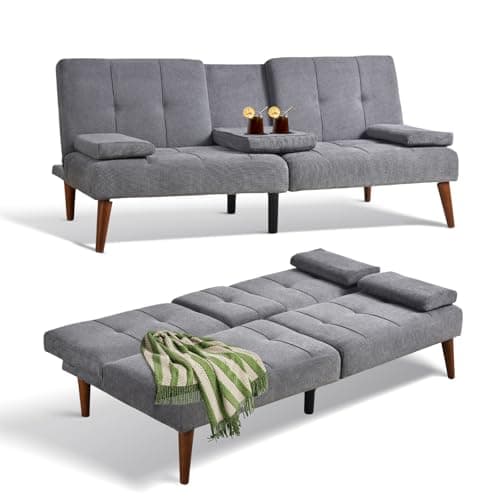 COLAMY Convertible Futon Sofa Bed, Light Grey, 2 Cup Holders