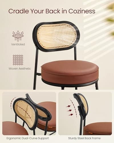 Counter Height Bar Stools Set of 2 with Rattan Back and Leather Upholstery
