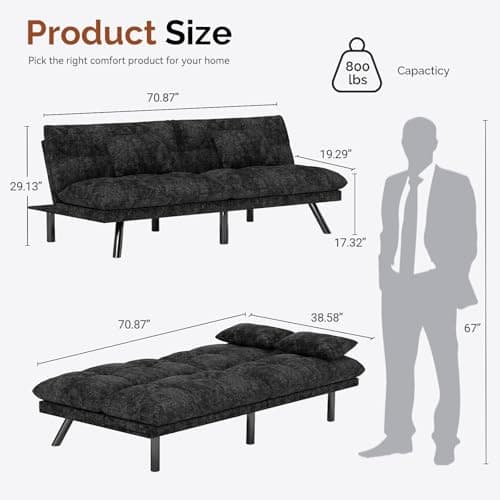70 Inch Solid Wood Futon Sofa Bed in Black Chenille Fabric