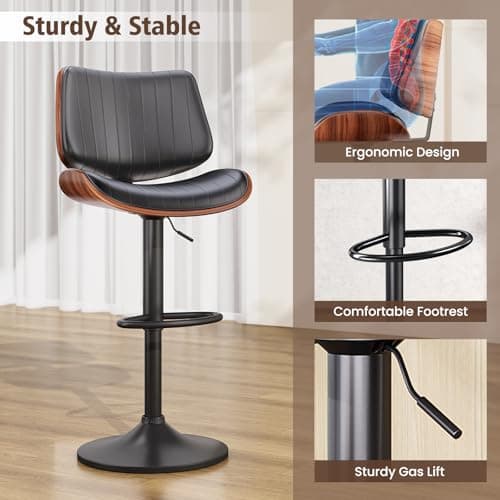 Bentwood Back Bar Stools for Kitchen Island, Set of 2, Black Swivel Seat