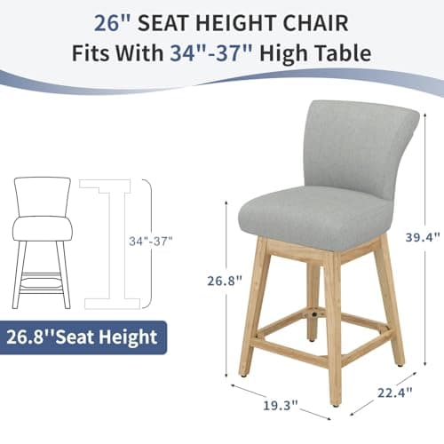 Modern 26 Counter Height Bar Stools Set of 2 with 360° Swivel and High Backrest in Light Grey Fabric for Kitchen and Bar