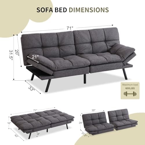 Convertible Memory Foam Futon Sofa Bed with Adjustable Armrests, Modern Love Seat for Living Room, Small Room, and Office