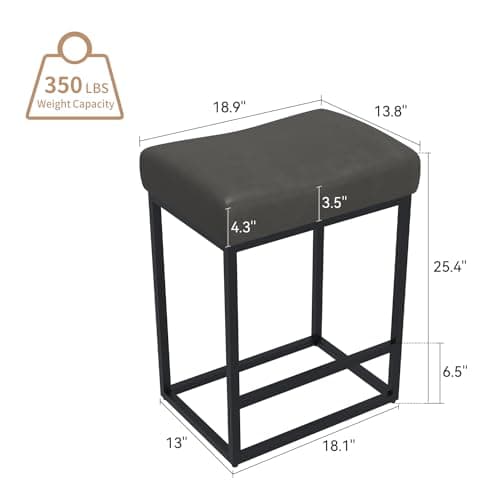 Counter Height Kitchen Stools Set of 4, Modern Faux Leather Barstools, Metal Frame Legs, Dark Grey