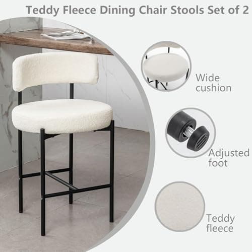 24" Modern White Bar Stools with Backs, Boucle Set of 2 for Kitchen Island, Bar, Cafe