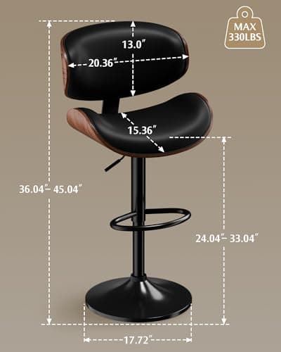 Mid-Century Modern Black Bar Stool Set of 4 with Back
