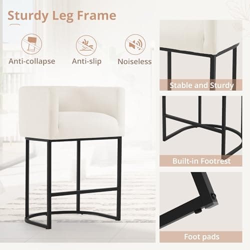 LUE BONA Black Metal Counter Stools with Backrest, Set of 2, Linen Upholstery, Beige Accent