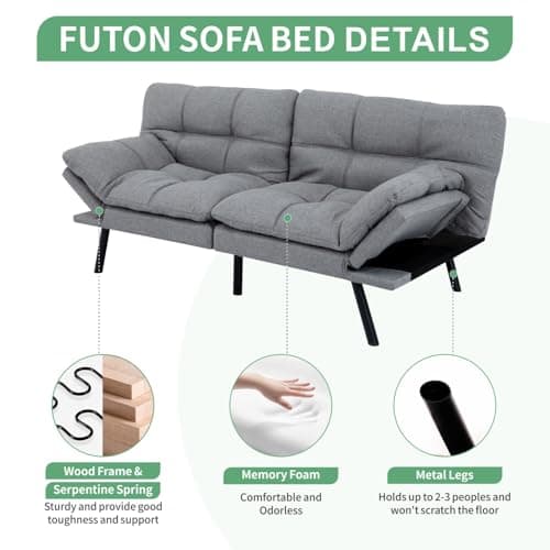 MUUEGM 71" Memory Foam Futon Sofa Bed, Adjustible Backrest, Light Grey Fabric