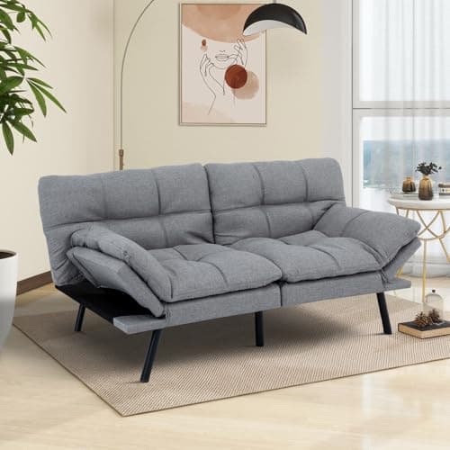 MUUEGM Grey Convertible Futon Sofa Bed, Memory Foam, Adjustable Armrest & Backrest