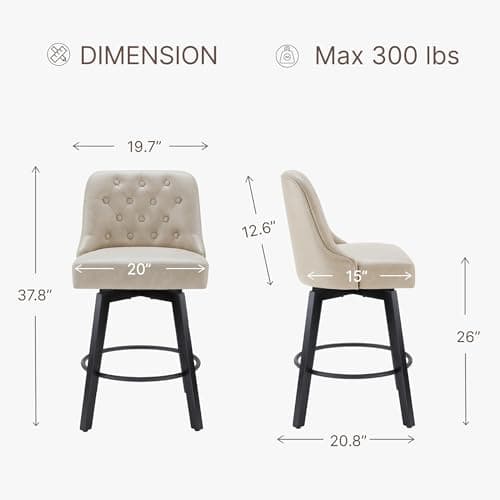 Swivel Barstools 26 Seat Height Set of 2 for Kitchen Island - Beige Fabric