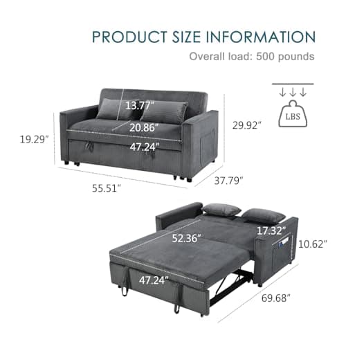 Grey 3-in-1 Futon Sofa Bed with Adjustable Backrest