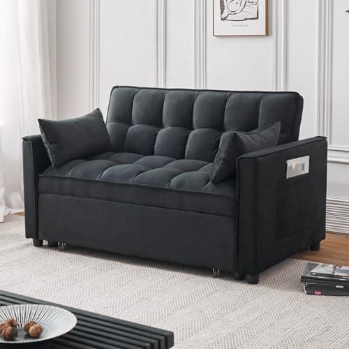 Grey Modern 3-in-1 Futon Sofa Bed with Pullout Bed and Storage Pockets