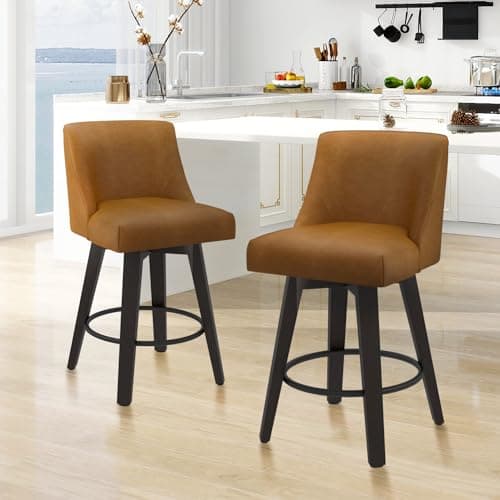 360° Swivel Counter Barstool Set of 1, 26 inch Height Kitchen Island Stool with Solid Wood Legs, Faux Leather Upholstered, Brown