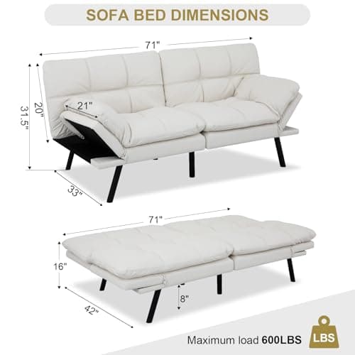 MUUEGM White Convertible Memory Foam Sofa Bed with Adjustable Backrest