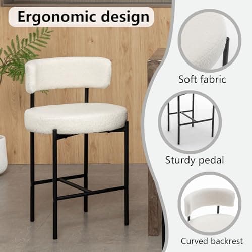 24" Modern White Bar Stools with Backs, Boucle Set of 2 for Kitchen Island, Bar, Cafe