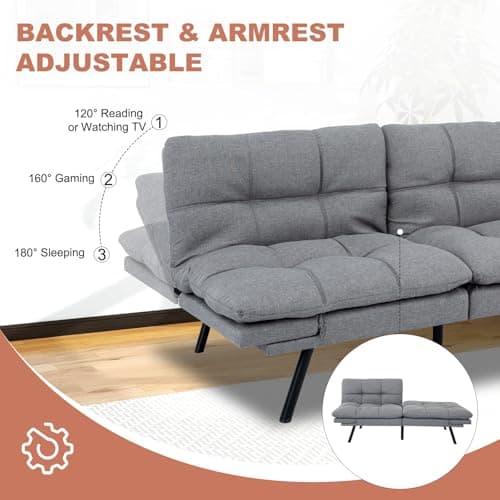 MUUEGM Grey Convertible Futon Sofa Bed, Memory Foam, Adjustable Armrest & Backrest