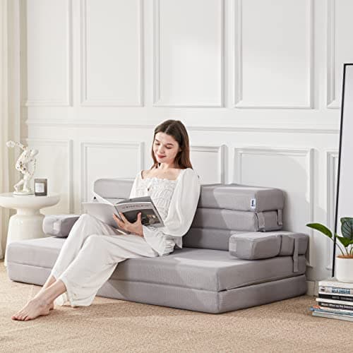 Dark Grey Foldable Mattress Couch with Headrest, 4 Inch Foam, Portable Queen, Camping & Road Trips