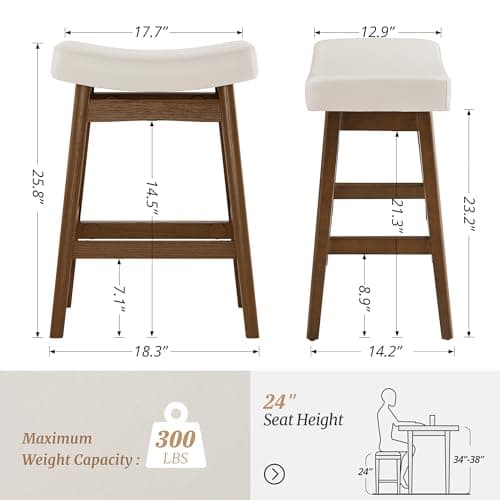 3-Piece Sturdy Wood Leg Bar Stools, Antique White Leather, 24 Inch Farmhouse Style