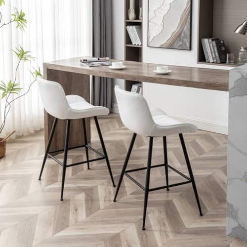 White Bar Stools with Fabric Upholstery for Kitchen and Bar (Set of 2).