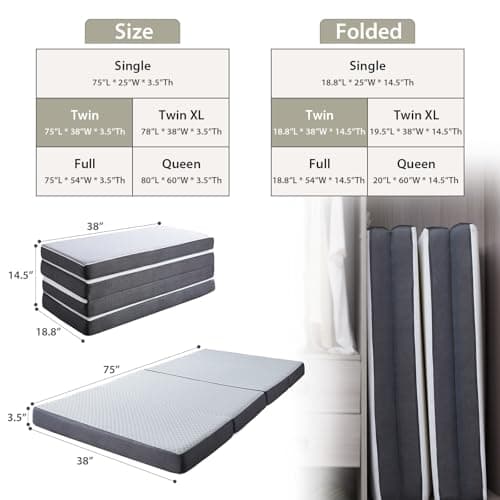 Portable Quad Fold Mattress, Twin Memory Foam for Comfortable Guest Sleep