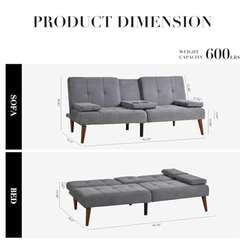 COLAMY Convertible Futon Sofa Bed, Light Grey, 2 Cup Holders