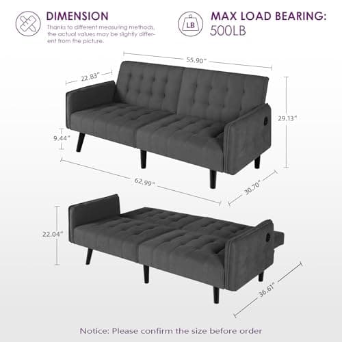 TYBOATLE Dark Grey Convertible Futon Sofa Bed with USB, Loveseat for Living Room & Bedroom