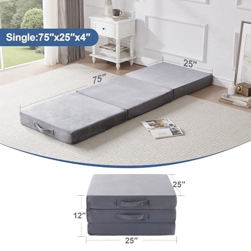 Portable 4 Inch Foldable Mattress, Foam Topper, Breathable Velvet Cover, Grey, for Travel and Yoga