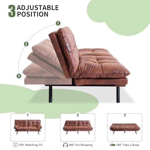 MUUEGM Futon Sofa Bed with Memory Foam, Modern Faux Leather, Adjustable Backrests and Armrests, Brown
