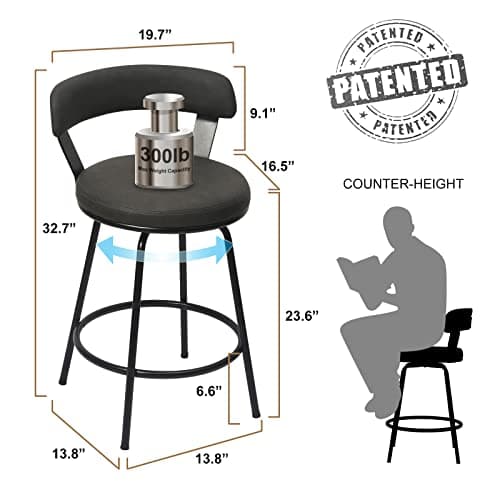 Modern Leather Grey Swivel Bar Stools, 24 Inch Set