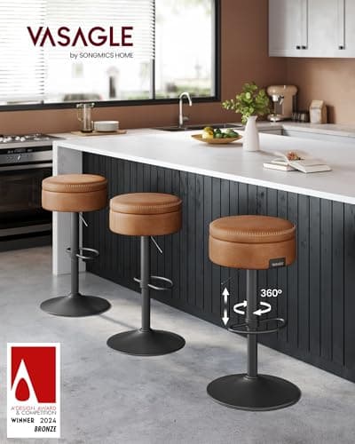 VASAGLE EKHO 360° Swivel Bar Stool, Height Adjustable with Storage, Caramel Brown