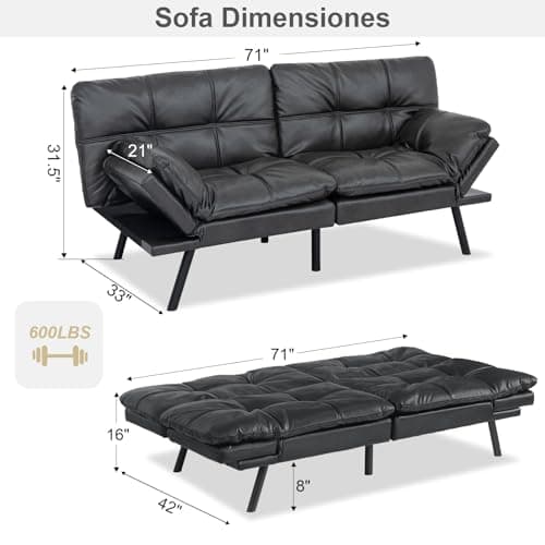 MUUEGM 71" Reversible Recliner Sofa Bed, PU Leather Matte Black