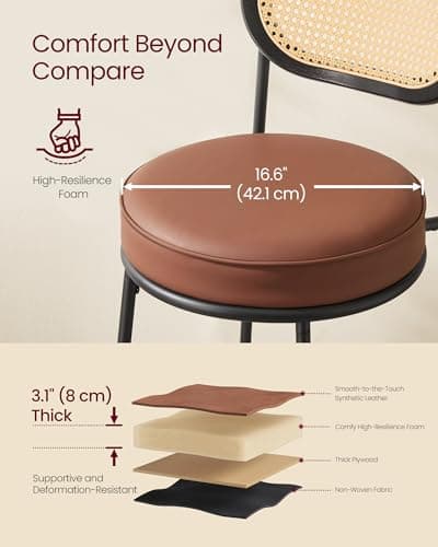 Counter Height Bar Stools Set of 2 with Rattan Back and Leather Upholstery