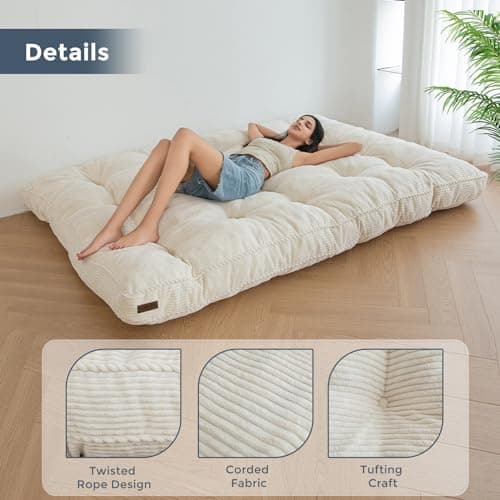 MAXYOYO 6" Tufted Queen Futon Mattress with Twisted Rope Edging, Thick Fabric & Shredded Foam (Beige)