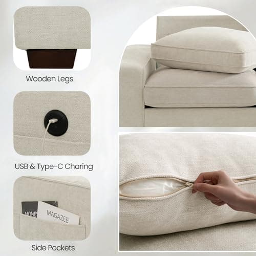 TEKAMON Comfy 3-Seater Chenille Storage Sofa W/Deep Seat, Wide Arms, USB & Removable Cover