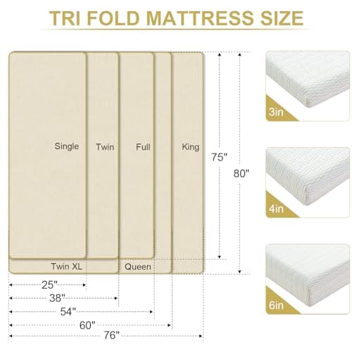 6 Inch Queen Memory Foam Tri Folding Mattress, Washable Cover, Portable Topper, CertiPUR-US Certified