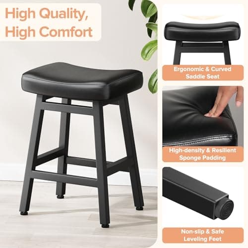 All Black Counter Height Bar Stools Set of 2, 24 Inch Kitchen Barstools