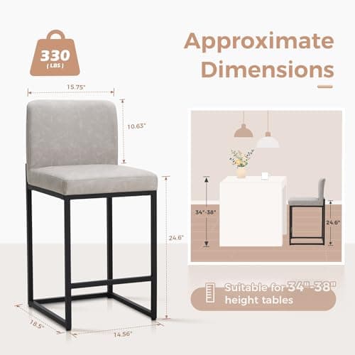 Maison Arts 24 Inch Counter Height Bar Stools, Light Grey with Back