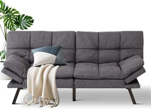 MUUEGM Cognac Memory Foam Futon Sofa Bed for Small Space and Office Use with Adjustable Backrest and Removable Armrests