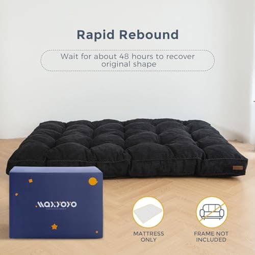 MAXYOYO Full Size Tufted Futon Mattress, Extra Thick Shredded Foam, Black