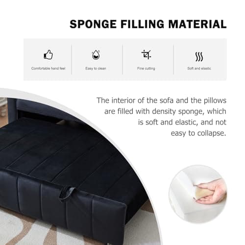 55.51" Black Velvet Futon Sofa Bed with Pullout Bed & Adjustable Backrest